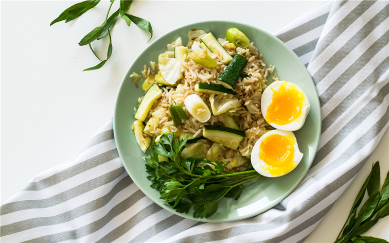 Fried Rice With Boiled Egg, Cucumber and Leek